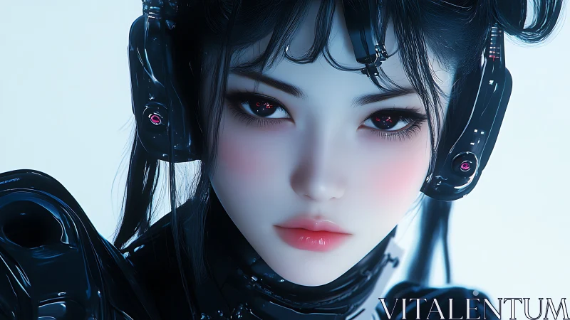 Cybernetic woman portrait with glossy black armor.