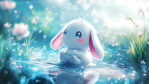 Moonlit raindrop bunny quietly splashes in pastel bloom pond