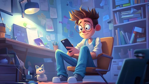 Young designer in cozy studio reading smartphone in soft light