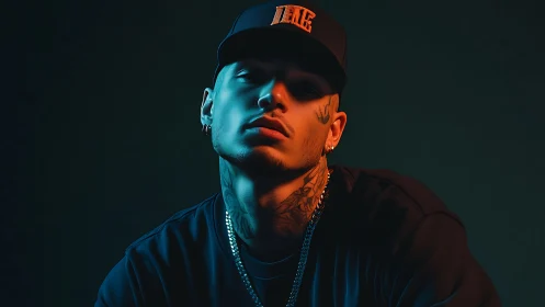 Tattooed man in cap under teal and orange studio lighting.