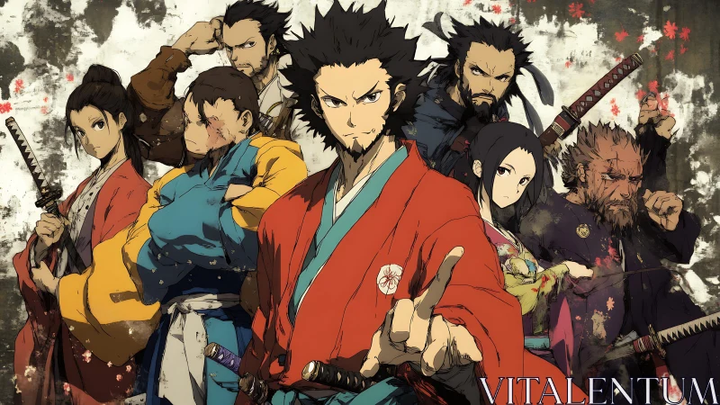 Samurai ensemble in dynamic triangular composition with ink-splatter background