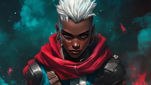 Cybernetic vanguard portrait with red scarf and teal nebula field.