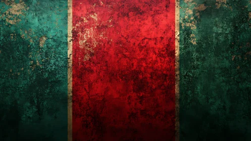 Weathered crimson banner framed by aging teal walls.