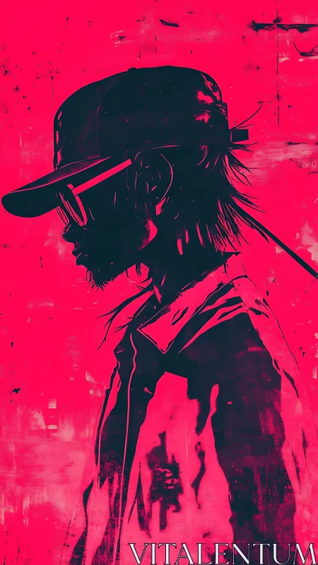 Side profile silhouette of figure in cap on magenta ground.