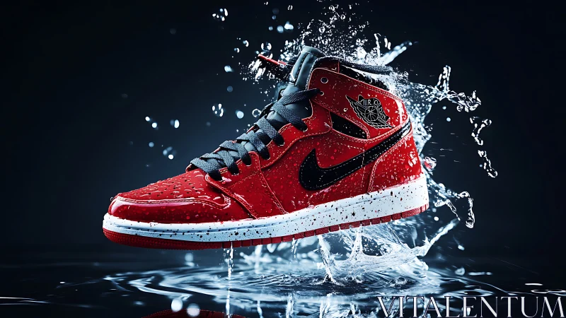 Bold red sneaker splashing through water in crisp detail.