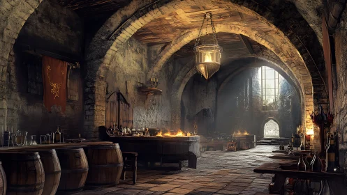 Medieval stone tavern interior with glowing hearth fire.