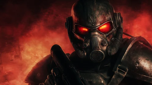 Armored soldier in gas-mask helmet against red incendiary smoke field