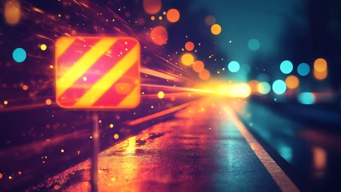 Neon night road sign glowing through drifting city lights.