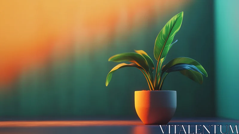 Radial-lit potted foliage under gradient chromatic wall wash.