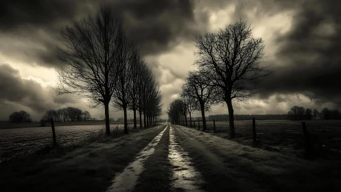 Linear rural avenue receding under storm-heavy cumulonimbus sky