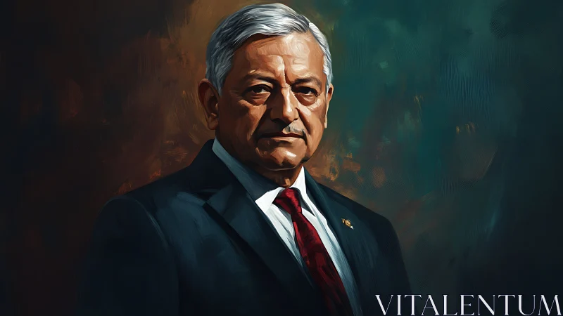 Distinguished elder statesman in formal suit, painterly portrait.