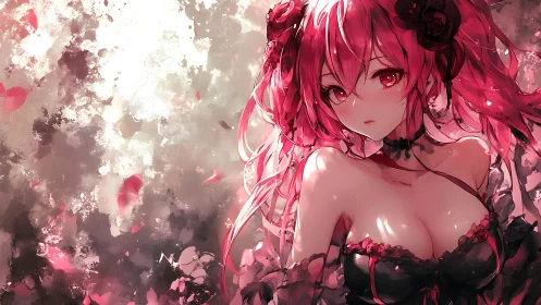 High-contrast anime portrait with red spectral lighting and petals