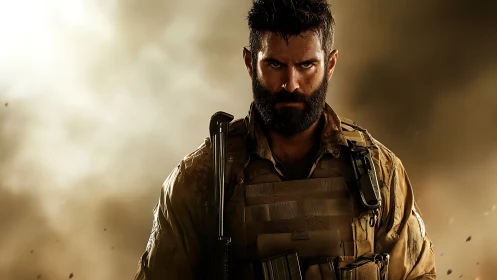 Battle-hardened soldier emerging through smoky backlight.