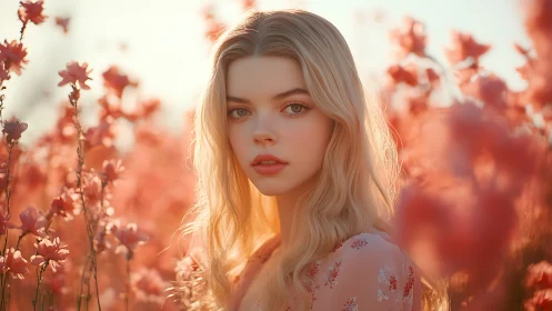 Golden hour portrait of young woman in soft pink flowers.
