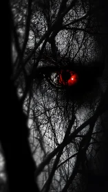 Red eye emerging through tangled dark forest branches.