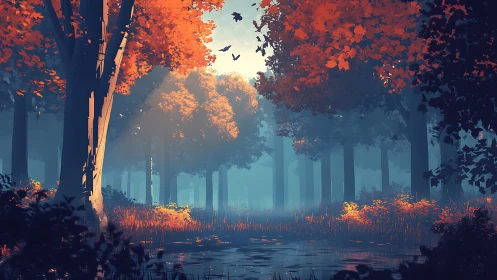 Autumn Forest Sanctuary Beneath Misty Canopy.