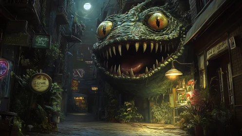 Gigantic reptilian head intrudes into neon alley with cinematic lighting