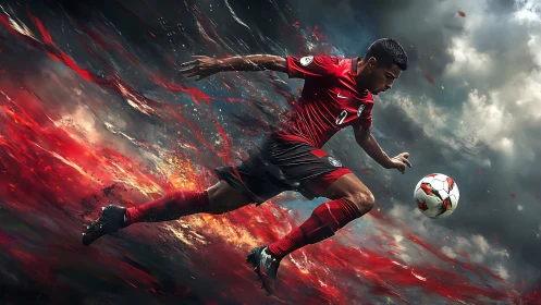 Dynamic soccer striker charges forward through fiery motion.