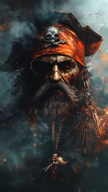 Digital portrait of weathered pirate captain in smoke.