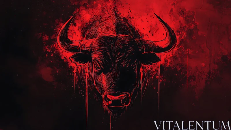 Fierce bull head glows in bold red against dark shadows