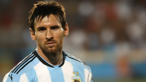 Football player in Argentina jersey on stadium field.