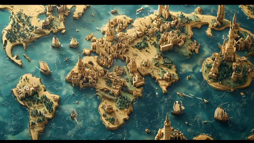Fantasy world map rendered as ornate miniature cities.