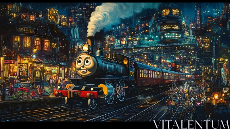 Smiling steam train crossing neon steampunk city at night.