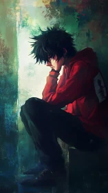 Brooding anime boy sits in moody light, lost in thought