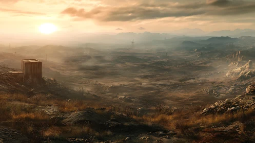 Desolate rocky valley with setting sun and distant pylons.