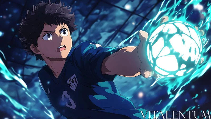 Anime striker channels glowing energy for a decisive shot.