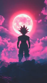 Silhouetted figure stands before large luminous pink moon