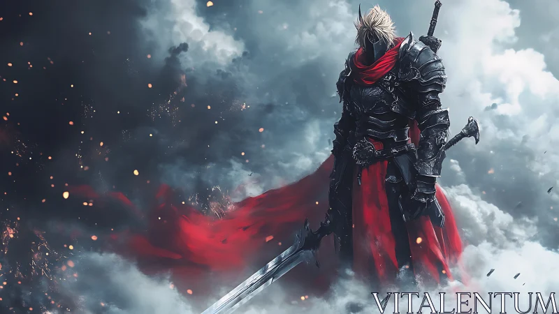 Stormlit black knight with crimson cloak and quiet fire.