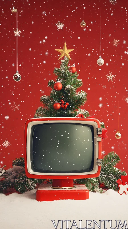 Retro CRT television framed by stylized Christmas tree scene.