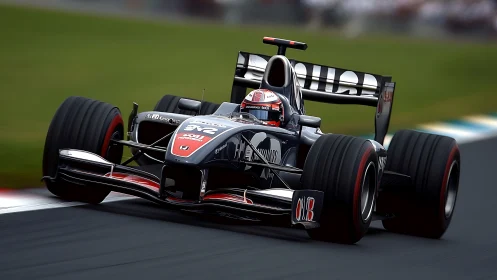 Modern Formula one car at speed on circuit apexing right corner