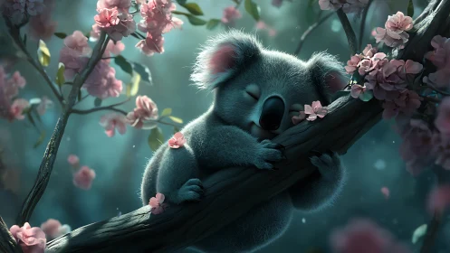 Blossom-dusted koala dreaming on a moonlit bough.
