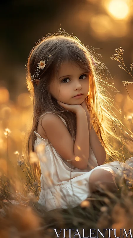 Young girl in white dress with flower crown at golden hour