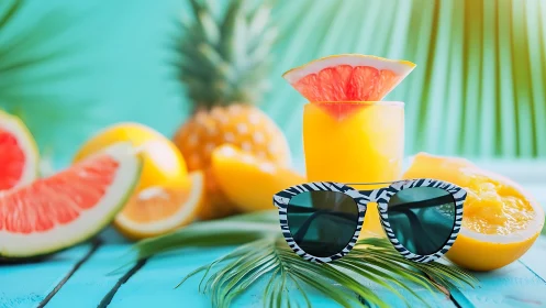 Sunny citrus getaway with cool zebra sunglasses and juice.