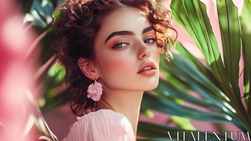 Curly haired woman poses among tropical leaves in sunlight
