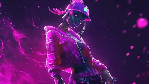 Neon-masked street avatar stands in glowing cyber haze.