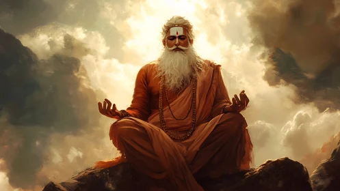 Serene sage sits in golden clouds, radiating calm wisdom