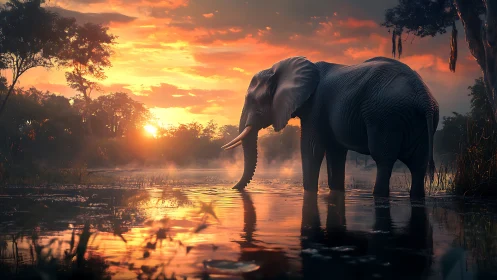 Elephant stepping through misted water at flaming sunset.