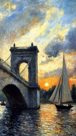 Sunlit sailboat beside stone bridge at glowing river sunset.