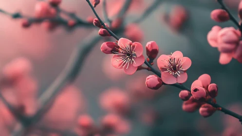 Pink flower blossoms with dark branches against soft gradient backdrop