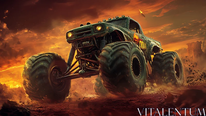 Monster truck roars through fiery desert at explosive sunset