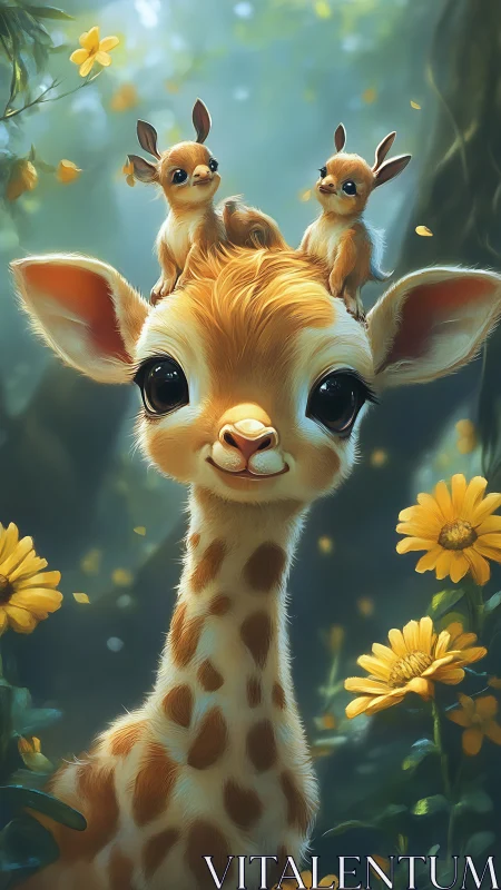 Whimsical baby giraffe portrait with playful forest friends.