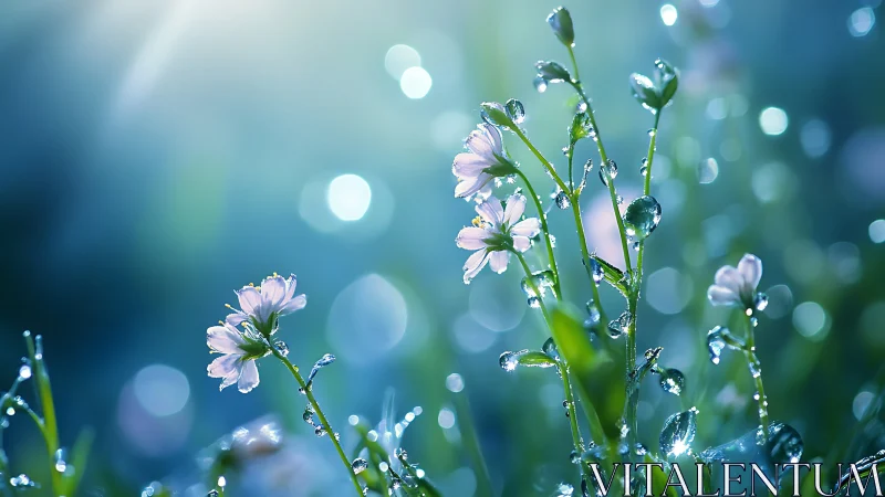 Morning dew on delicate wildflowers in cool blue bokeh.
