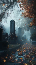 Foggy autumn graveyard path captures somber twilight calm