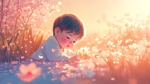 Gentle baby daydreaming in a glowing spring meadow.