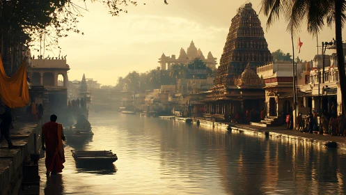 Sunlit riverside temple city with reflective morning water.