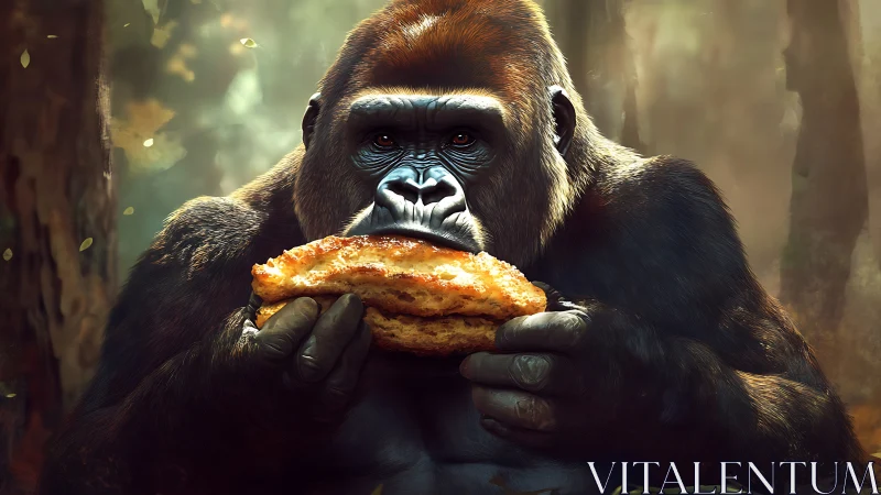 Gorilla holding pastry in forest environment, frontal view.